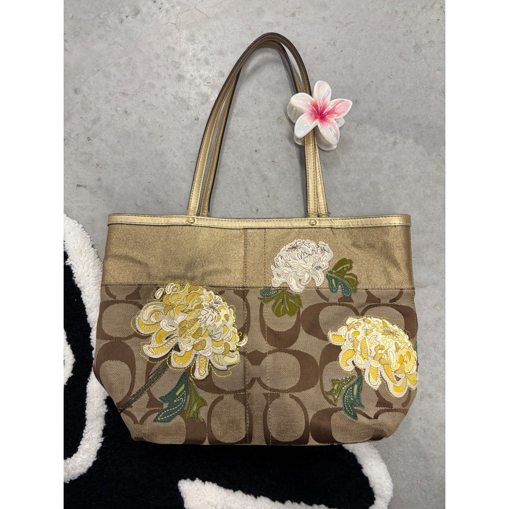 Coach Signature Floral Applique Tote Bag Brown Gold Metallic Canvas 12204